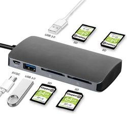 Multiple SD Card Reader, 4 Slot SD Card Reader and 2 USB 3.0 5Gbs for Computer,Support SDXC Up to 2TB SDHC SD Up to 256GB UHS-I