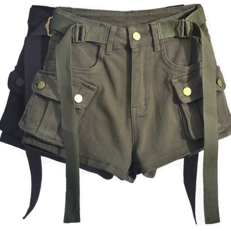 Workwear Denim Short Pants with High Waist and Khaki Color, A-shaped, Versatile and Trendy Shorts Y2k Pants Women Jeans