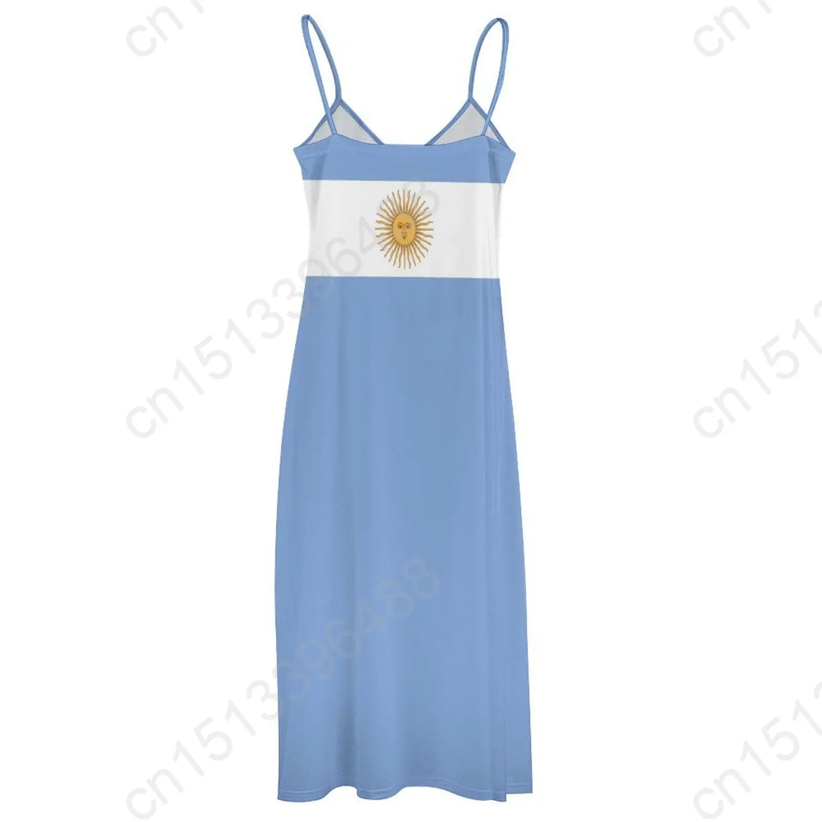 Vestido longo com estampa de bandeira argentina sem mangas, decote em v, vestido estampado, balanço retrô, casual, novo