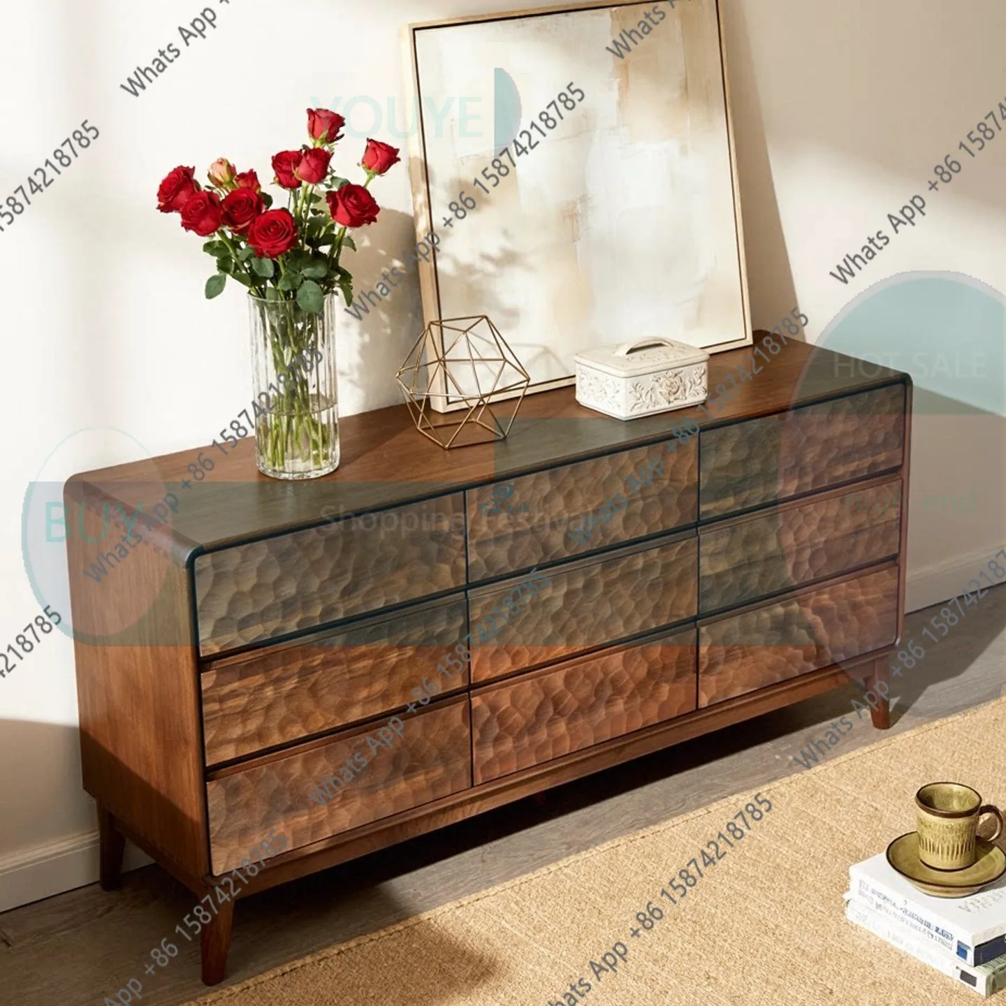 hjkj Cv North American Black Walnut Chest Of Drawers Art Carved Texture Bedroom Bed End Storage Storage Cabinet Customization