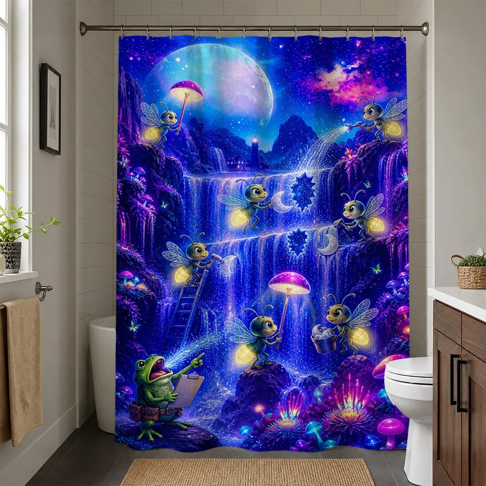 Magical Cosmic Fairy Waterfall Shower Curtain Planets Nebula Blue Purple Bathroom Decor Waterproof Home Shower Curtain