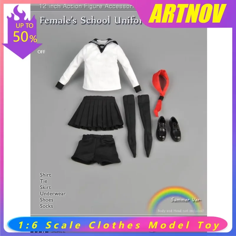 1/6 Scale Female Student JK Uniform Shirt Pleated Skirt Summer Outfit w/ Red Tie Shoes Fit for 12