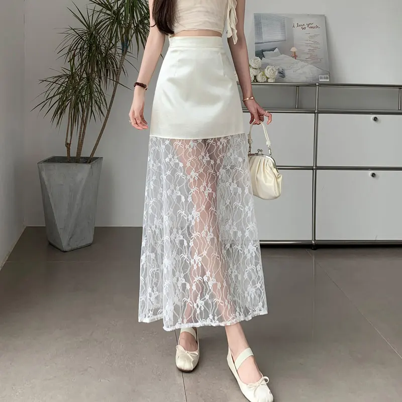 Fashion Women Lace Splicing Skirt High Waist Design Wrap Hip A-Line Long Skirt Summer Sexy Solid Color Lace Skirts