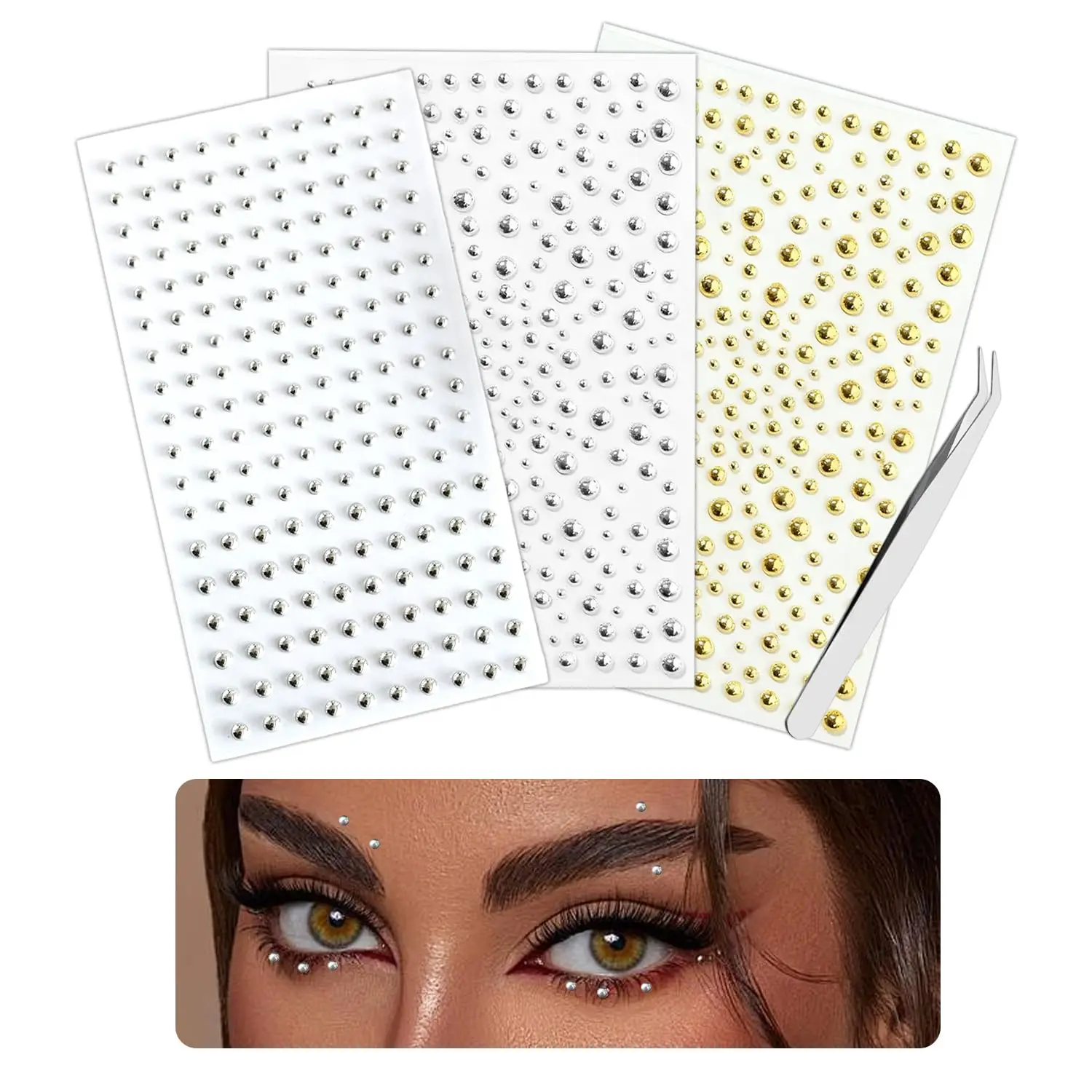 Face Body Ring Stickers Self Adhesive Face Gems Fake Piercings Set with Tweezers Silver Rhinestone Studs for Nose Lip Eye