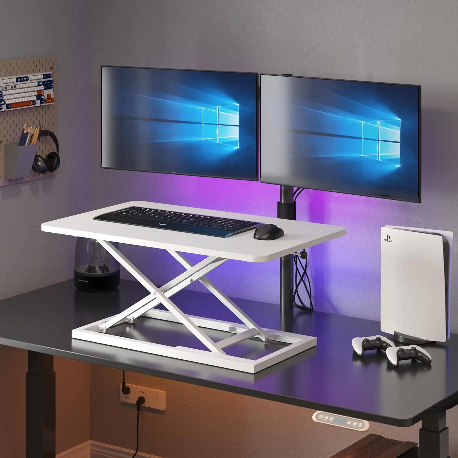 24 Inch Height Adjustable Standing Desk Converter White Scissors Lift Keyboard Mouse Riser Computer Stand Desktop Stand Up