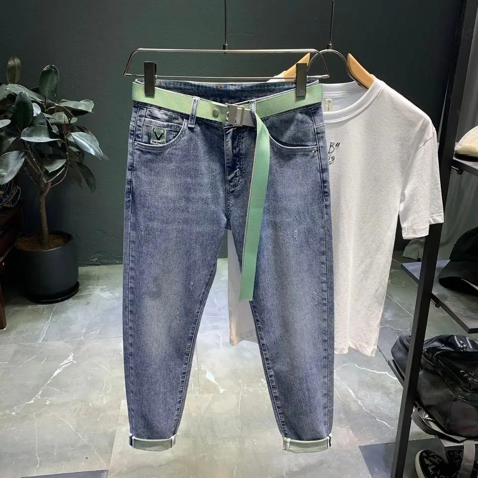 กางเกงยีนส์เข้ารูปผู้ชายแฟชั่นกางเกงยีนส์ขายาวปักลาย celana JEANS DENIM เข้ารูปแบบลำลองใหม่สำหรับฤดูใบไม้ผลิและฤดูใบไม้ร่วง