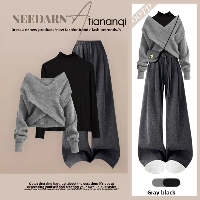 Casual Knitted Sweater Bottoming Shirt And Wide Leg Pants Three Piece Set for Women Trendy Design Autumn New Style plus Size