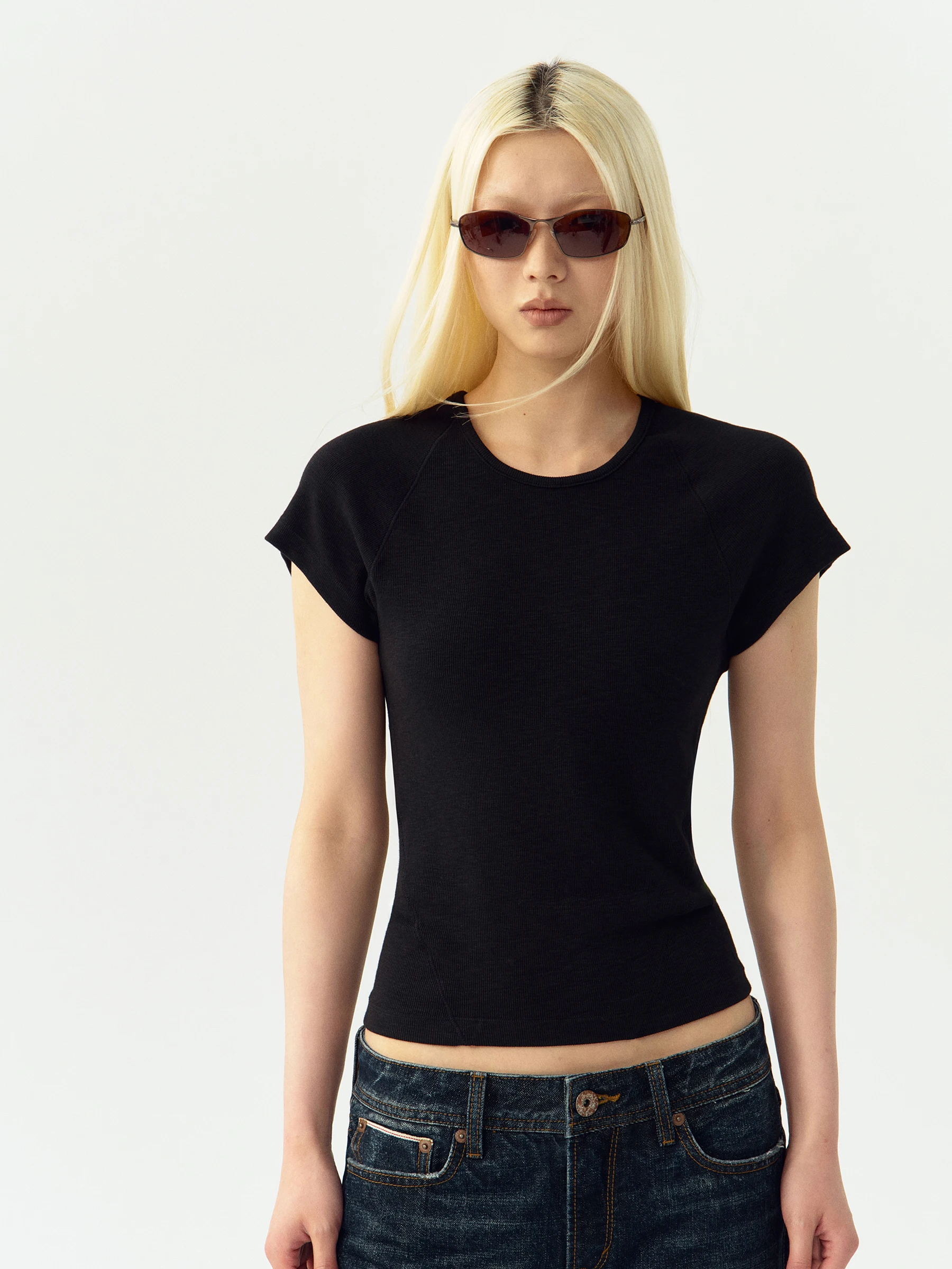 VERMO High Elastic Bamboo Fiber Thread Cotton Slim Fit Short Sleeve T-Shirt Shoulder Insert Design Casual Style round Neck