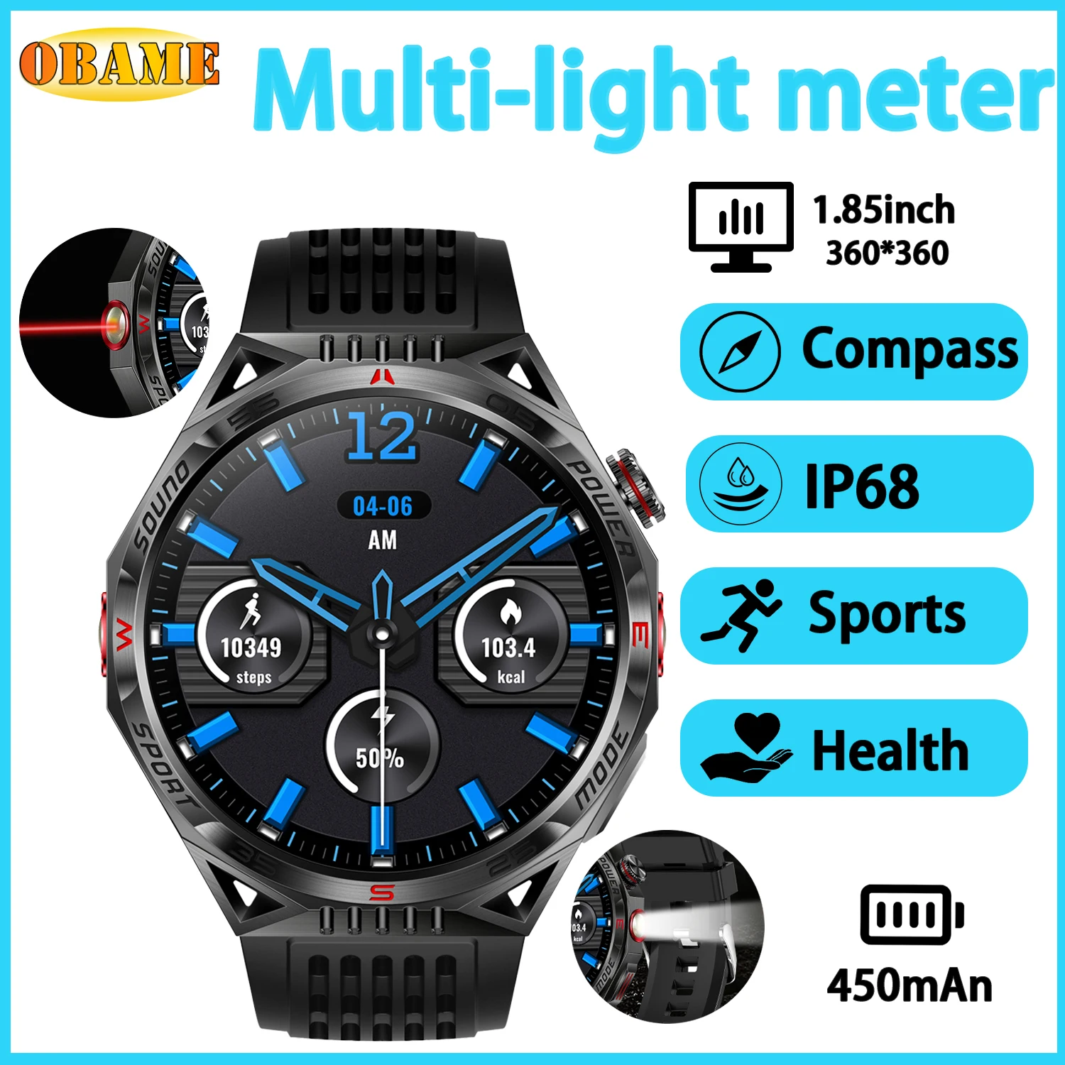 New HT28 Smart Watch Men And Women 1.85'' HD Screen Outdoor Compass Flashlight Laser Light 450 mAh Large Battery BT Call Smartwa