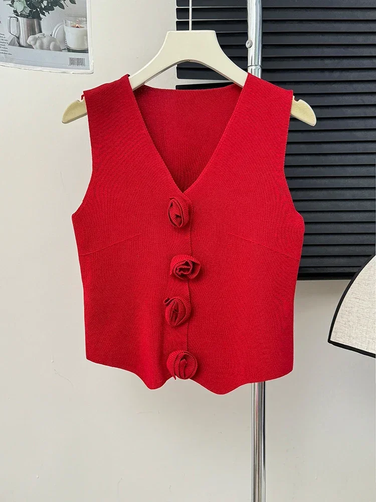 Kimotimo Sweater Vest Women French Sweet 3D Flower V Neck Waist Slim Fit Knitted Waistcoat 2024 Autumn Solid Y2k Crop Top Pull