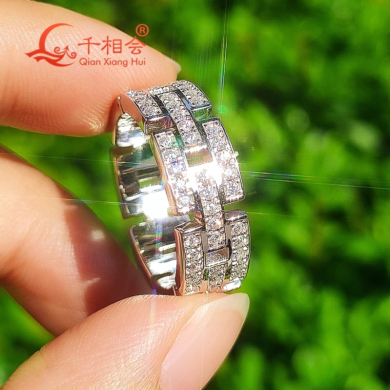 

10k 14k 18k gold 6.8mm width three rows Hollow out rectangle Moissanite Ring Eternity Band hip hop Men women Diamonds Jewelry