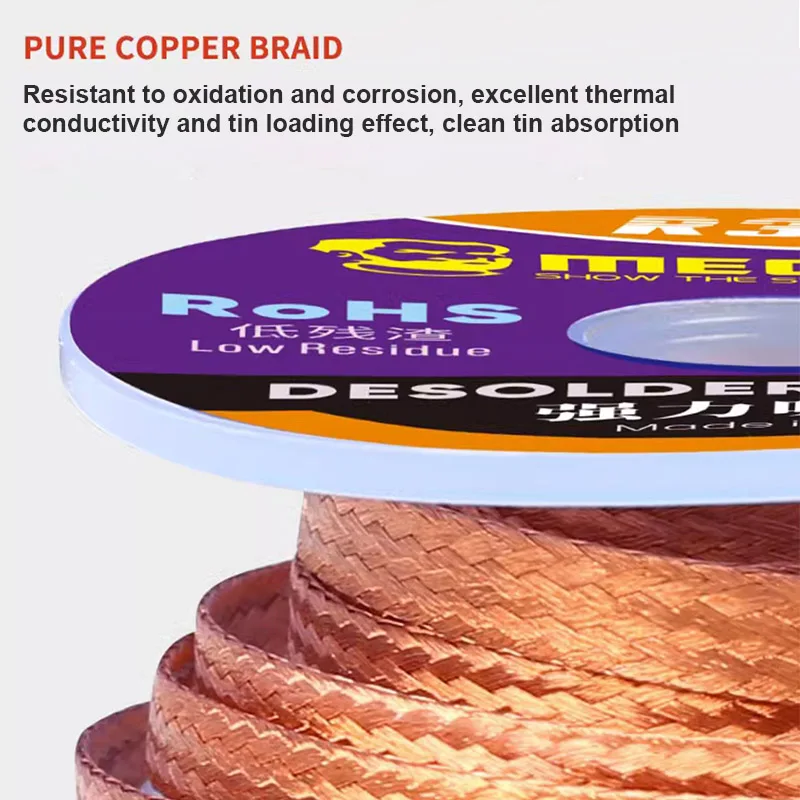 

Механический фитиль R350 для припоя 1,0-4,0 мм, двухслойное оловянное поглощение, быстрая теплопроводность, низкое остаток для обслуживания электроники