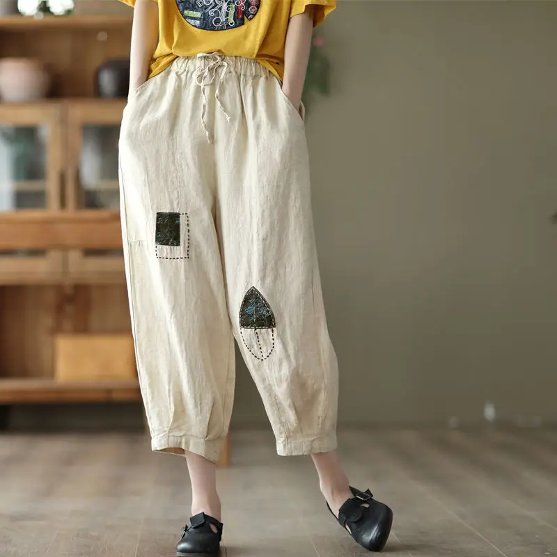 Women Vintage Ethnic Style Patches Baggy Comfortable Cotton Linen Harem Pants Summer Female Simple Casual Loose Cropped Trousers