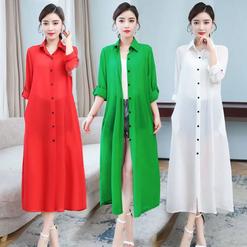 

High-End Women's Summer Lightweight Loose Fit Midi Length Sun Protection irt Casual Sle Pure Color Collar Long Sve