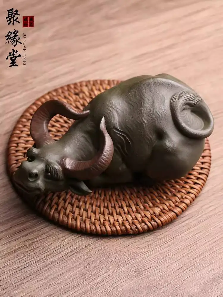 Yixing Purple Clay Pet Ornament, Green Ox By Famous Artist Gao Shui Bo, Fully Handmade, High-Quality, Can Be Used As A Water