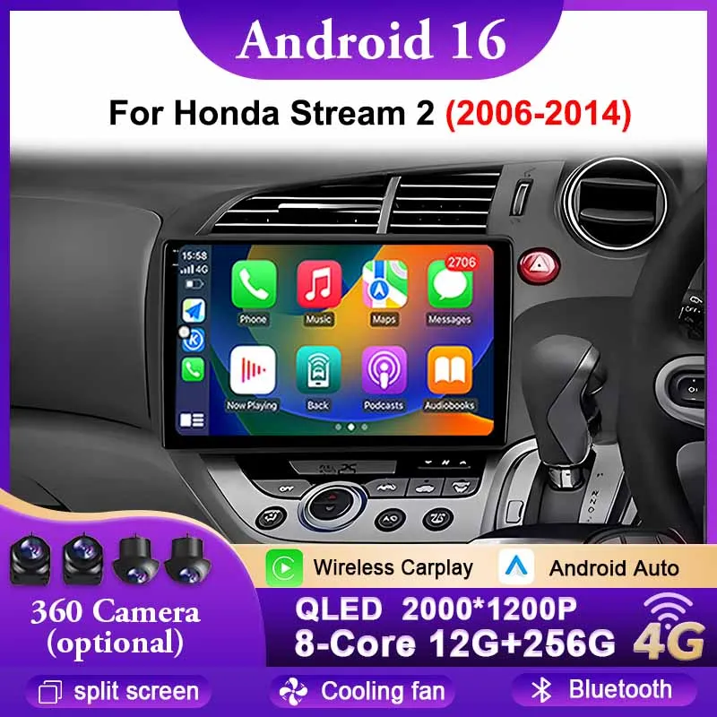 Android 16 Car Radio For Honda Stream 2 2006 - 2014 Multimedia Stereo Video Player GPS NAVI 4G WIFI Qualcomm QLED bluetooth