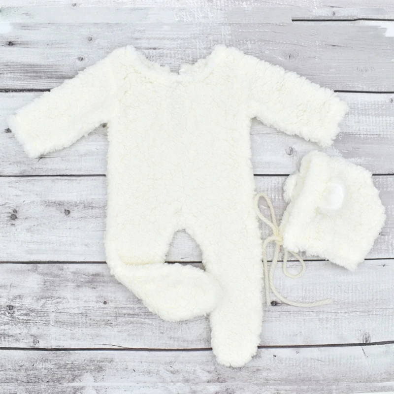 Newborn Photo Props Berber Fleece Costume Bear Ear Hat Baby Footed Romper Photo-Shooting Clothes Photostudio Props 2PCS