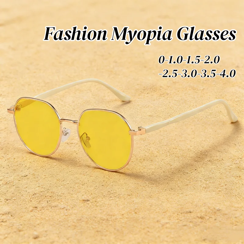 

Yellow Lenses Myopia Glasses for Women Night Vision Near Sight Eyeglasses Men Round Frame Car Driving Eyewear 0-1.0-4.0