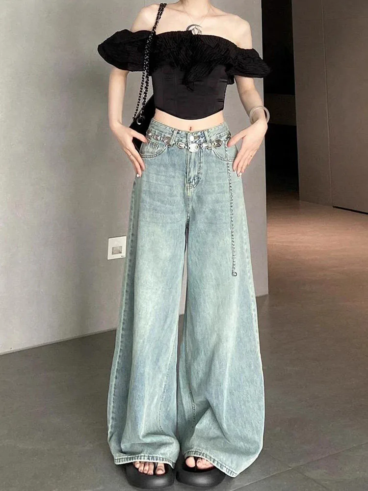 

American Retro Denim Wide Leg Pants Women Summer New High Waist Loose Slimming Versatile Large Foot Floor Length Pants