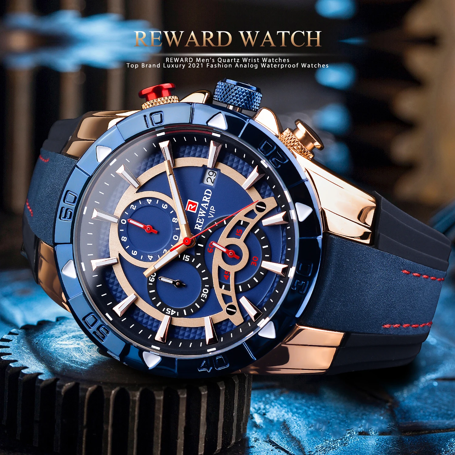 REWARD Luxus Herren-Armbanduhr Militär Wasserdicht Leuchtend Chronograph Datum Herrenuhr PU-Leder Herren-Quarzuhren