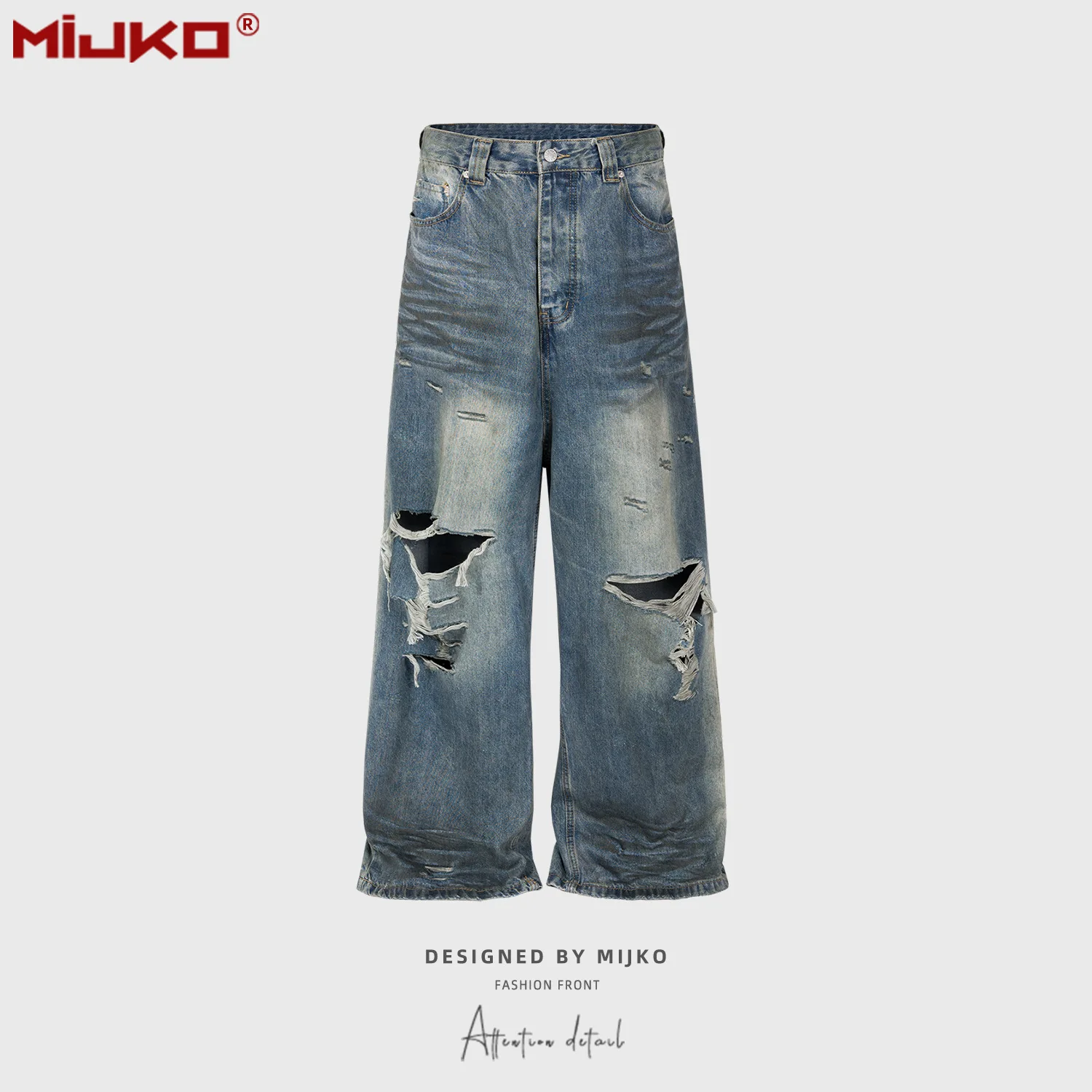 MIJKO Real Picture Jeans Frayed Damaged Hole Baggy Wide Leg Jeans Men Streetwear Casual Denim Trousers Cargo Pants