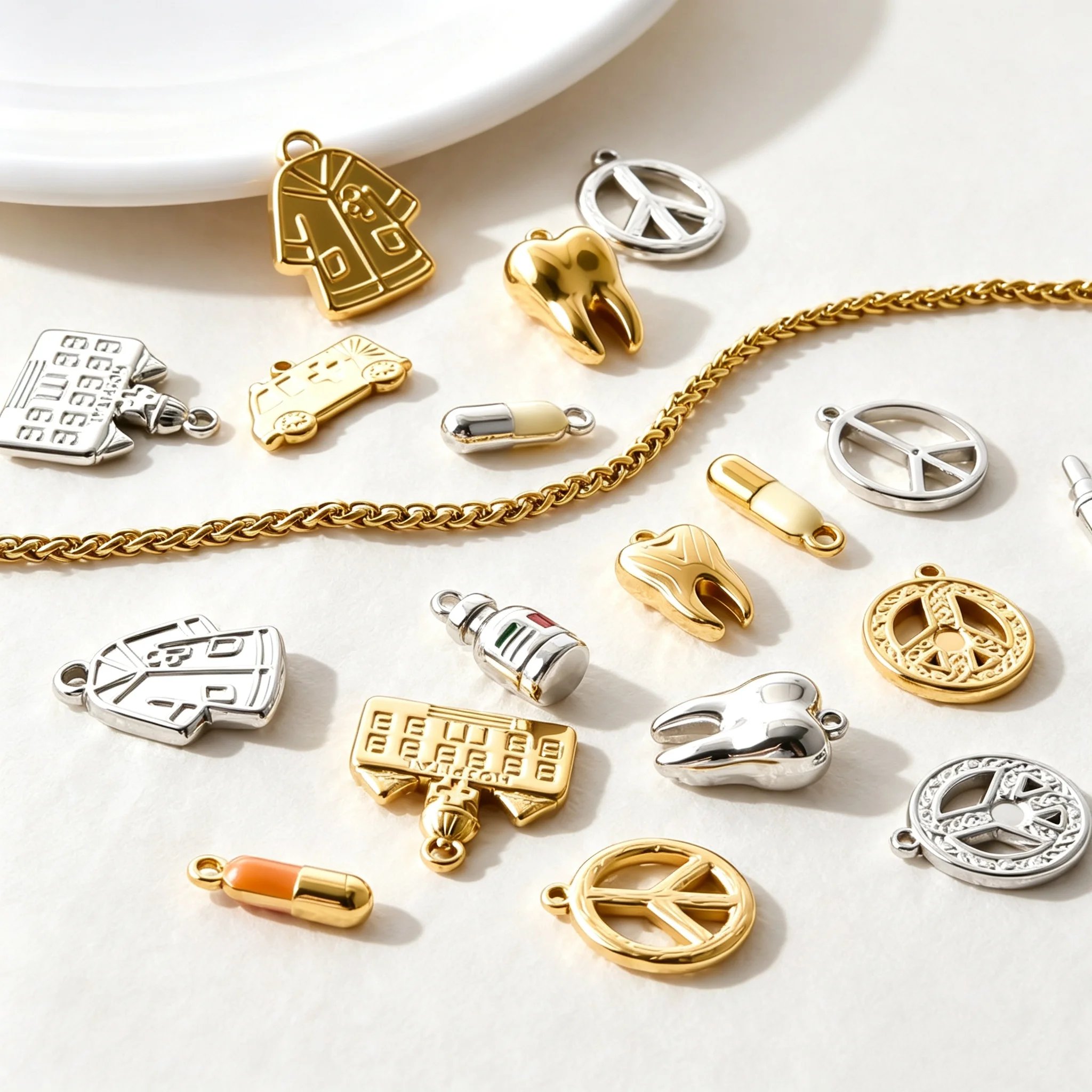 10pcs Stainless Steel Medical Pendants Tooth Pill Ambulance Hospital Peace Sign Charms For DIY Bracelet Earring Necklace Making
