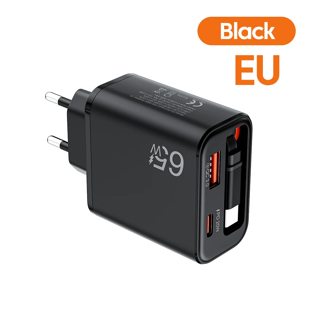 65W Superschnelles USB-Ladegerät mit einziehbarem Superschnell-Ladekabel Typ C für iPhone Xiaomi USB PD Wandladegerät