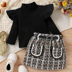 3Piece Spring Autumn Toddler Girl Set Outfit Fashion Black Long Sleeve Baby Tops+Plaid Skirt+Belt Kids Boutique Clothes BC046