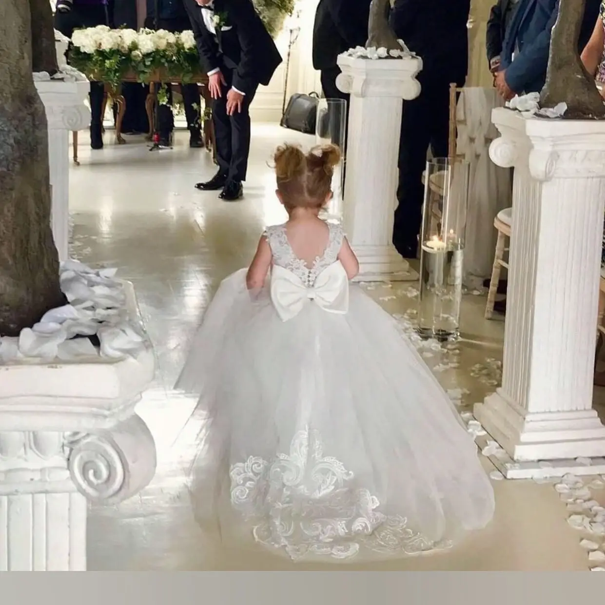 Lindos vestidos de flores para niña para boda, apliques de lazo grande, vestidos largos para desfile, vestidos de primera comunión de tul blanco para niña