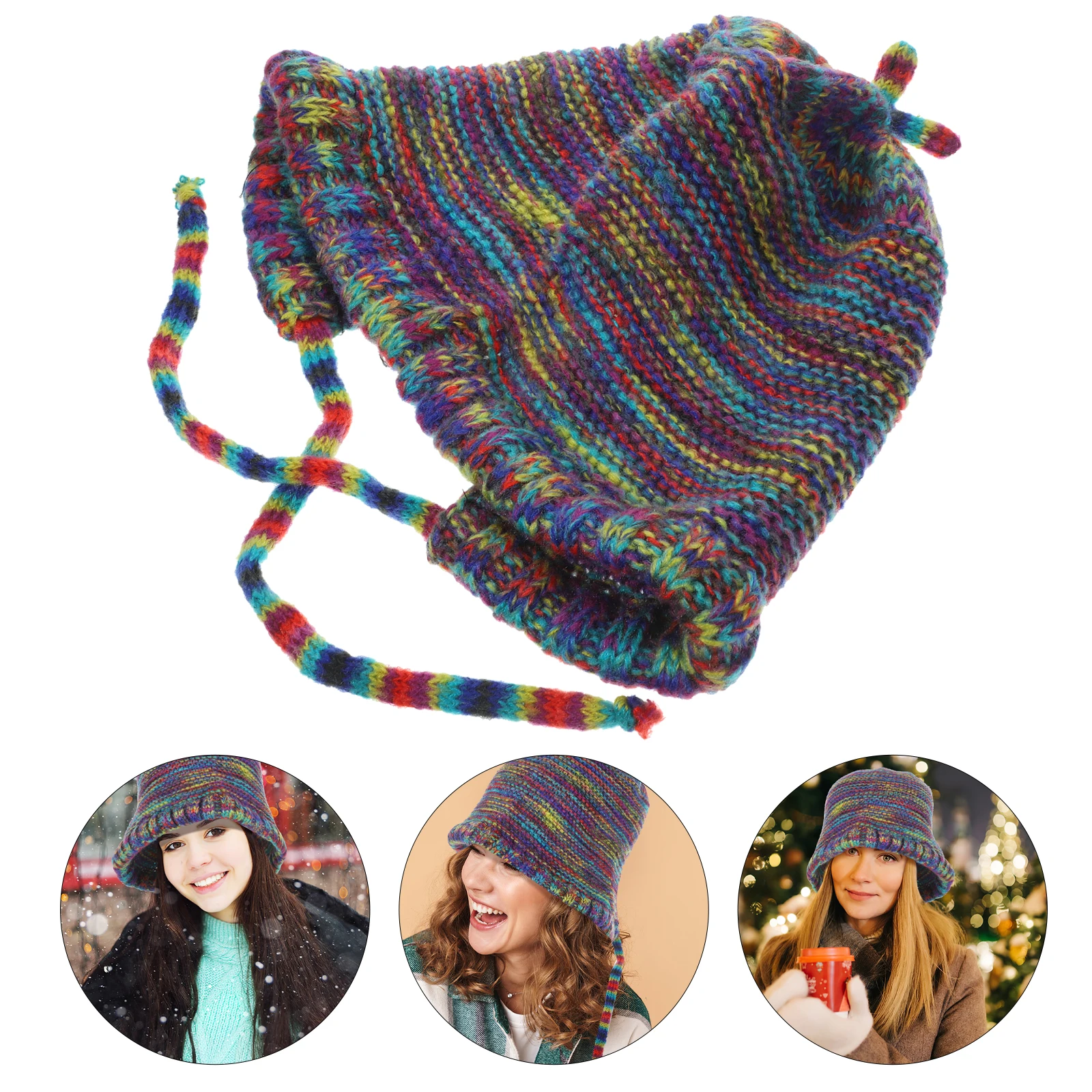 

Retro Rainbow Striped Ear Protection Woolen Hat Women Lace Up Baotou Knitted Warm Winter Hats Lightweight Vintage Design