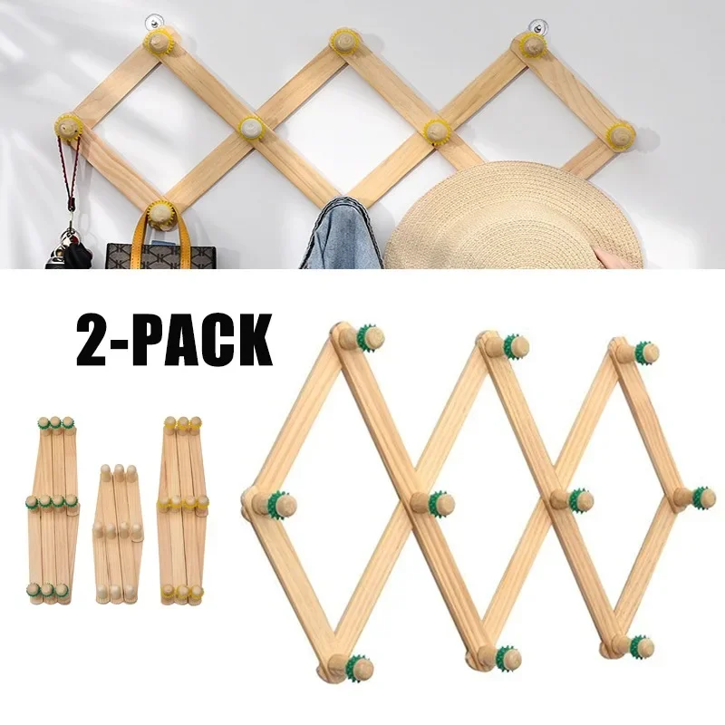2-Pack Accordion Style Expandable Wall Wooden Coat Rack 10 Hooks Hang Hats Jackets Coffee Mug Purses Necklaces Towels Cap Leash