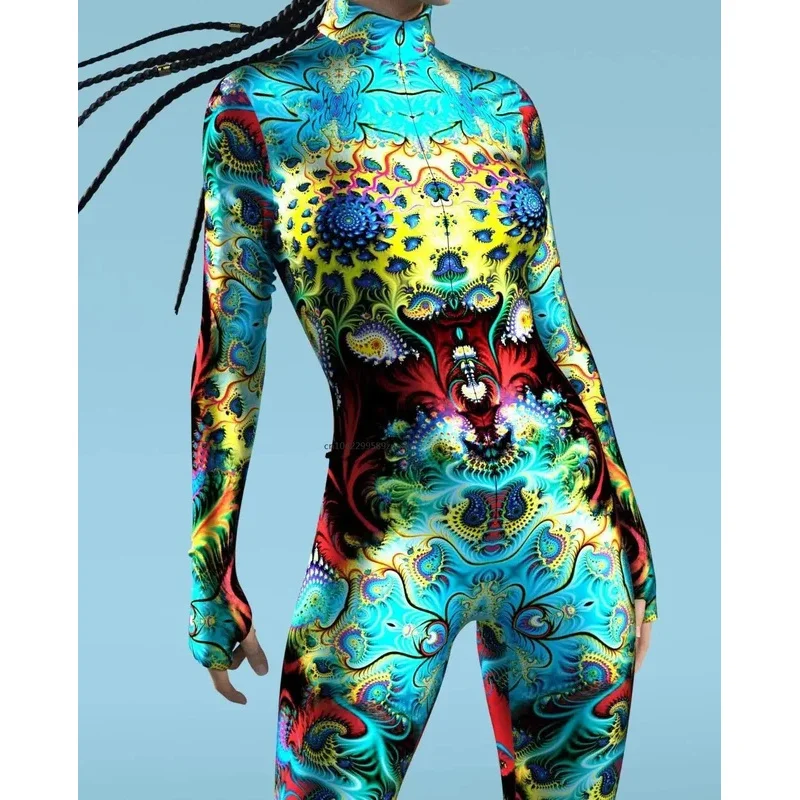 Colorful 3D Printing CyberPunk Rainbow Jumpsuit Halloween Holiday Party Cosplay Costume Elastic Bodysuits Rompers Women Zentai