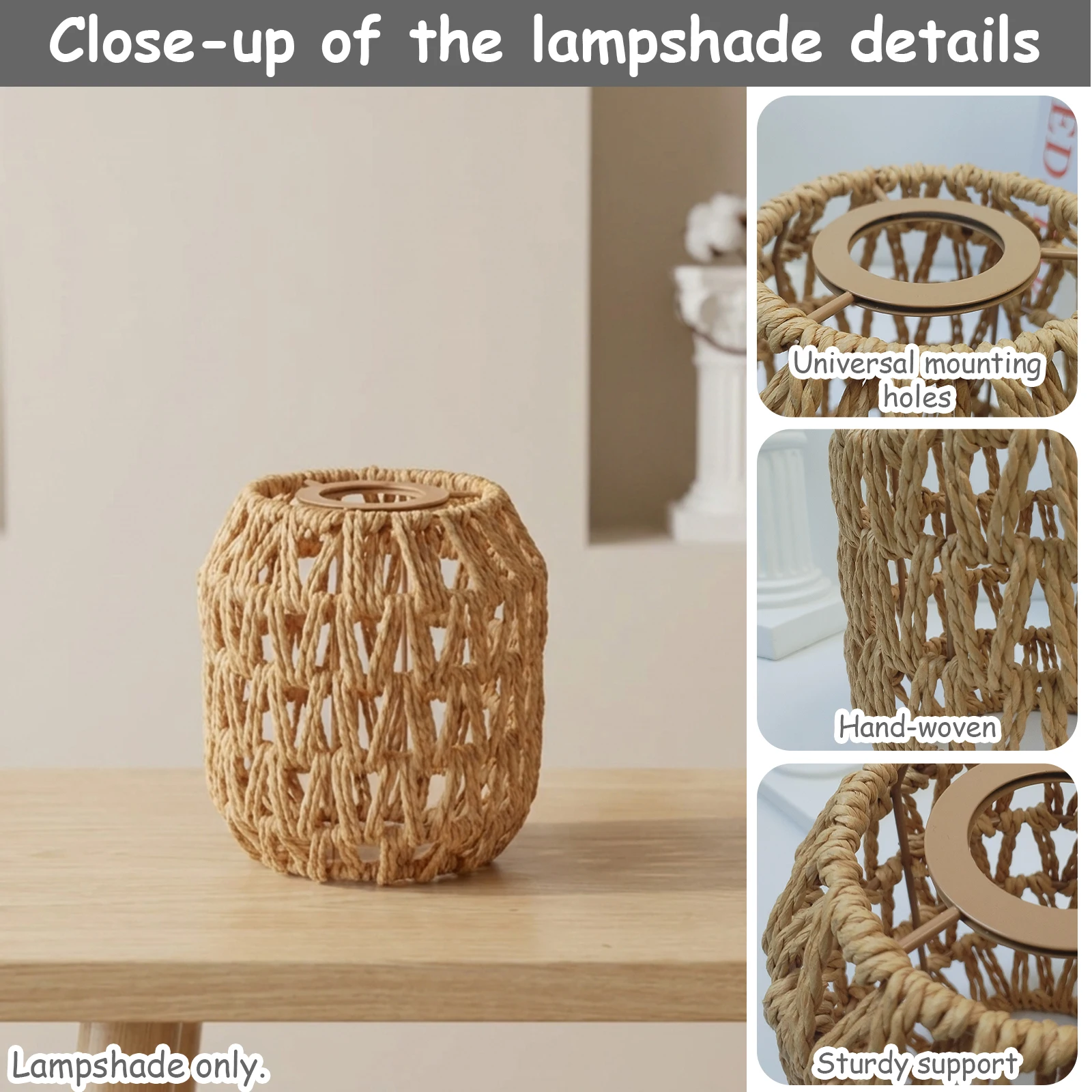 Geometric Hand‑Woven Rope Lamp Shade, Boho Replacement Lampshade for Pendant Light Wall Sconce Desk Lamp, Rustic Home Decor Only