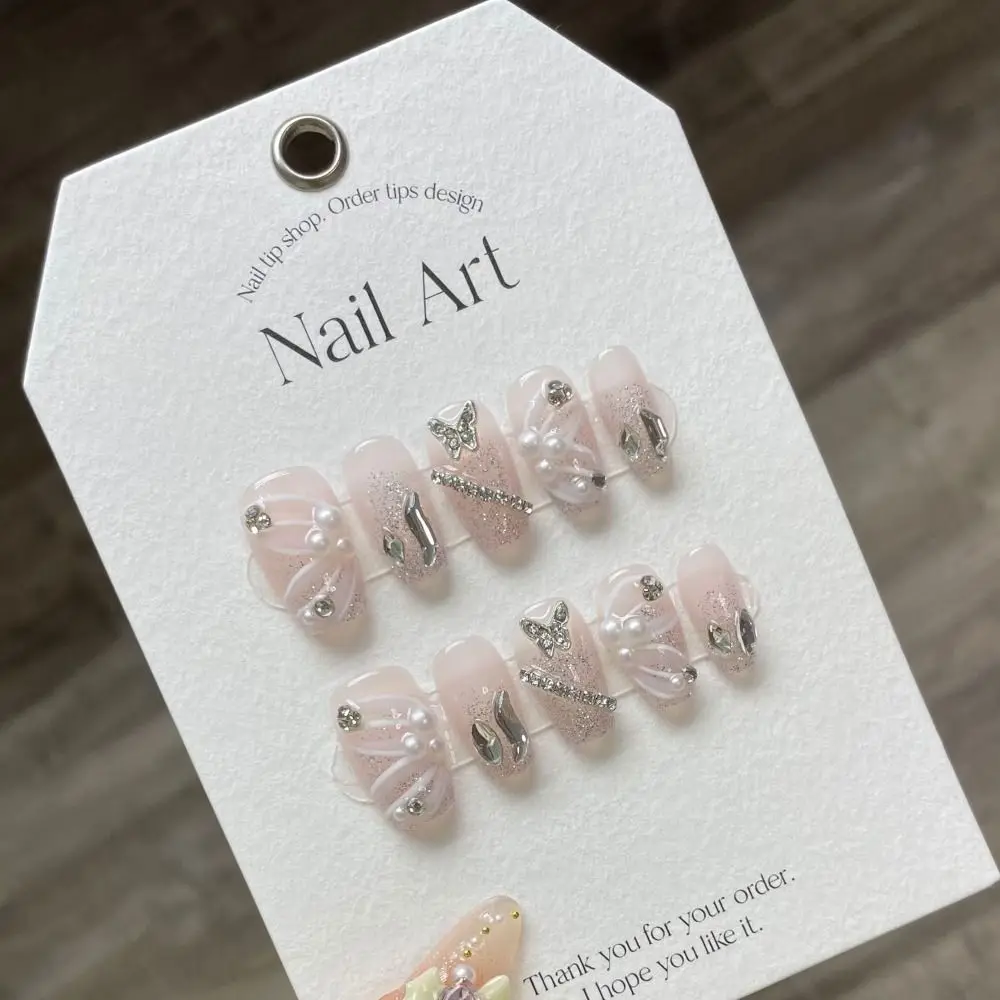 10Pcs XS S M L Pure Manual False Nail with Rhinestone Pearl Full Cover Hand-painted Butterfly Handmade Nails with Tool Box