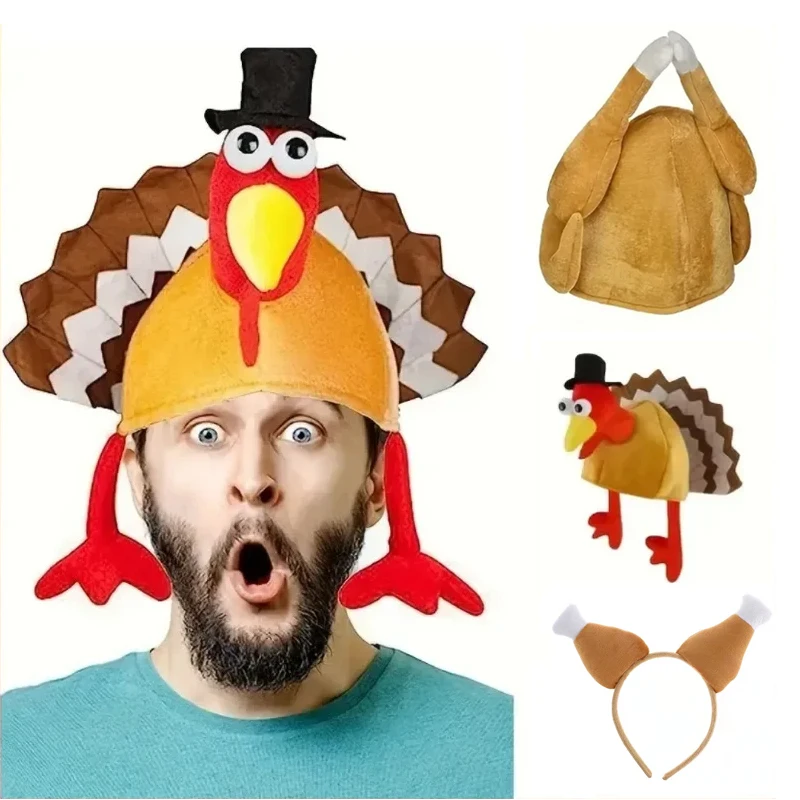 Thanksgiving Turkey Hat Plush Roasted Turkey Headwear Funny Chicken Leg Hat Headband for Halloween Party Cosplay Accessory