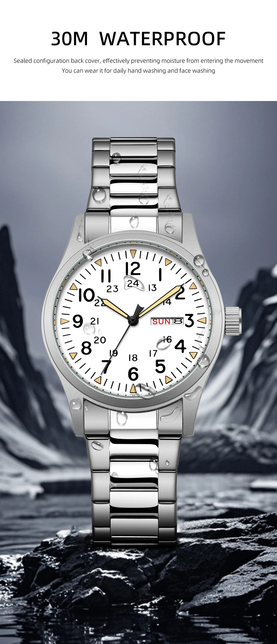 2026 Herren 38mm Leuchtende Zifferblatt-Uhr mit Tages- und Datumsanzeige, im Dunkeln leuchtend, grün, 30M wasserdicht, Felduhr mit Edelstahlarmband – Detail 11