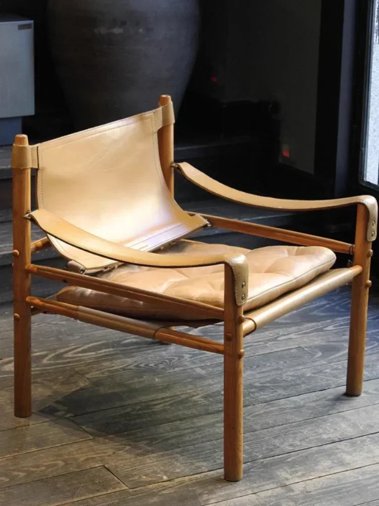 

# e forDesigner Креативное кресло для сафари, скандинавское ретро домашнее кресло для отдыха в гостиной, седло из цельного дерева с кожаным принтом, охотничья ча