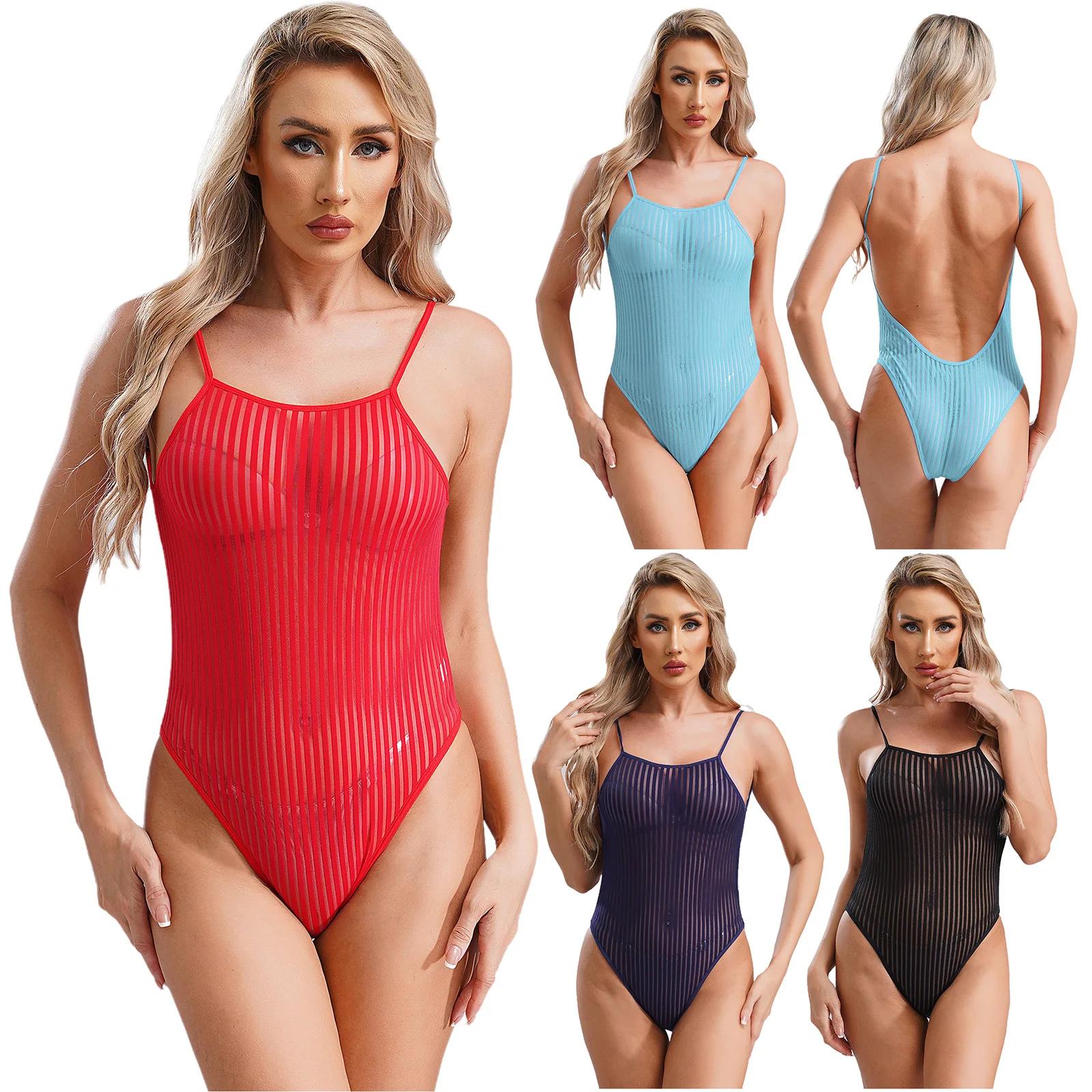 Womens Striped Sheer Mesh Monokini See Through One Piece Swimsuit Spaghetti Straps Backless High Cut Bathing Suit Beachwear