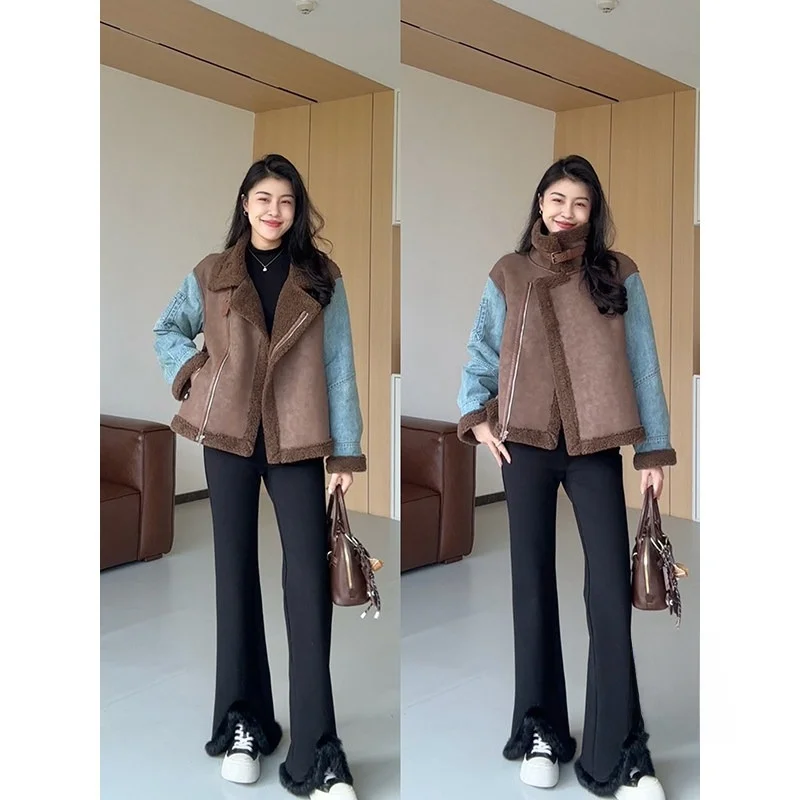 

Bach Sunset Свободные замшевые джинсы Blo Jeans Jaet с высоким воротником Длинные прямые брюки Женский модный комплект Зимний наряд Винтаж Sle