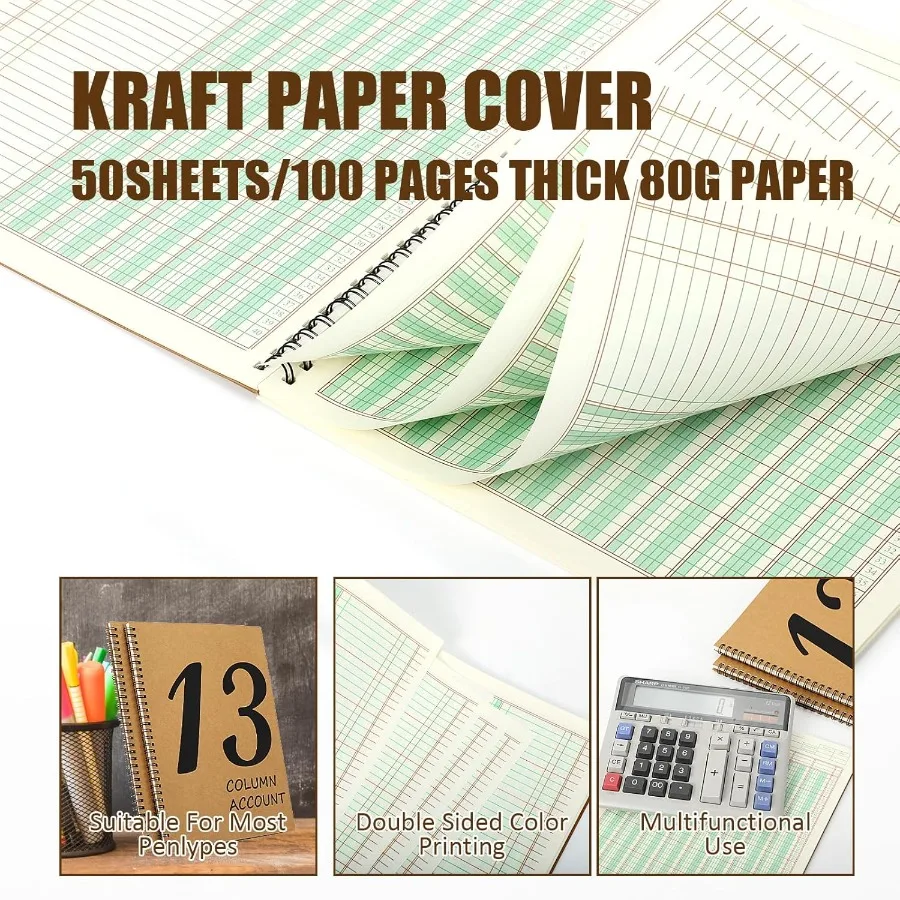 3 Pcs 13 Column Ledger Book 8.5 11 Inch Account Book Notebook with Columnar Pad Featuring Kraft Paper Cover 100 Pages 50 Sheets