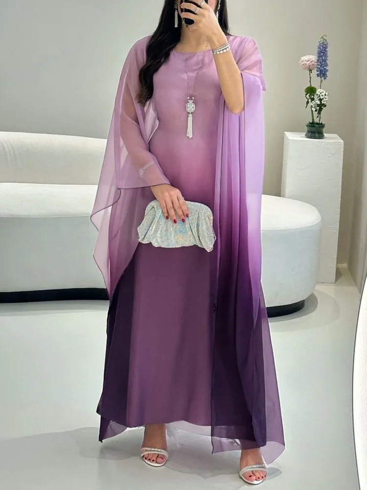 LANMREM Elegant Party Gradient Dress Women Loose Round Neck Batwing Sleeves Long Dresses Fashion 2024 New Clothing 32C1304