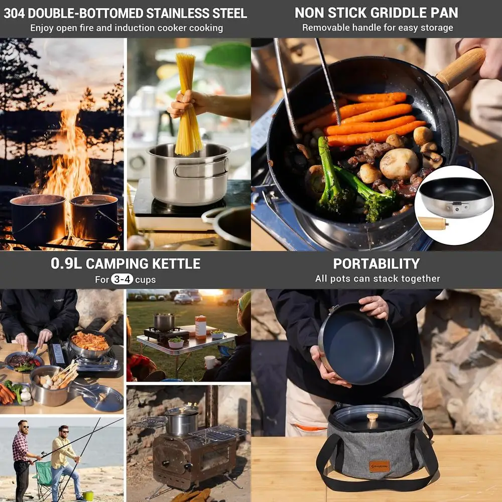 

Portable Stainless Steel Camping Cookware Set with Pot, Pan, Kettle for 4-6 People
