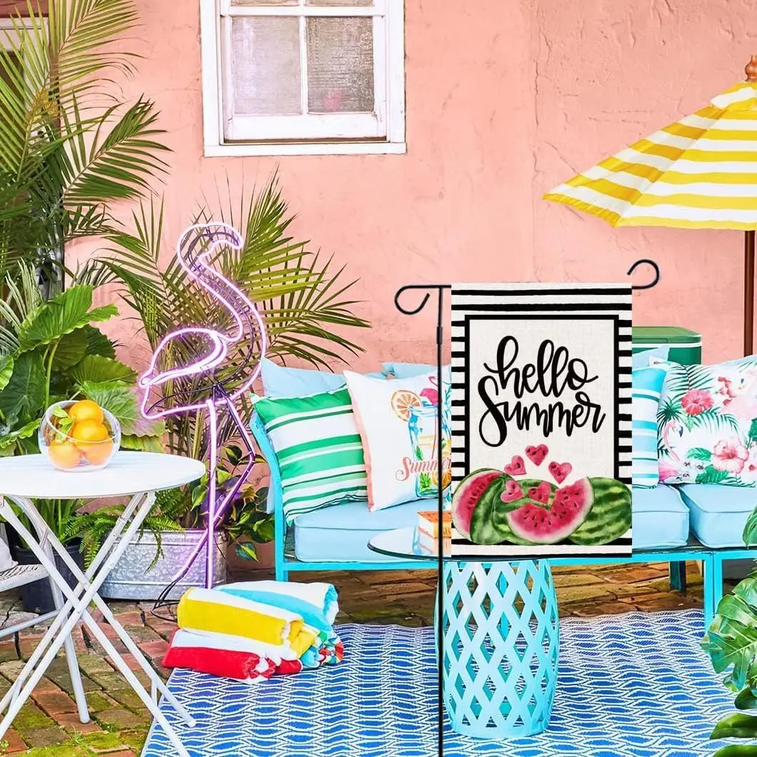 Baccessor Hello Summer Watermelon Garden Flag Double Sided Black Stripes Watermelon Fruit Cool Summer Yard Flag Seasonal Hol llz