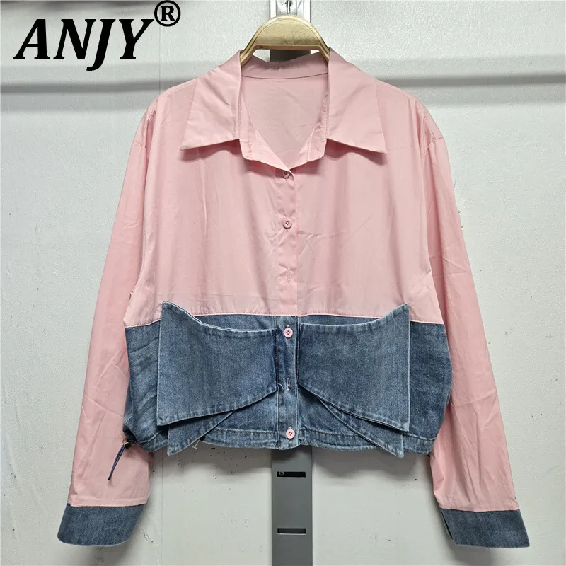 

ANJY Autumn New Women's French Fashion Three-Dimensional Bowknot Denim Patchwork Trend Fresh Color-Block Loose Hem Shirts A13789