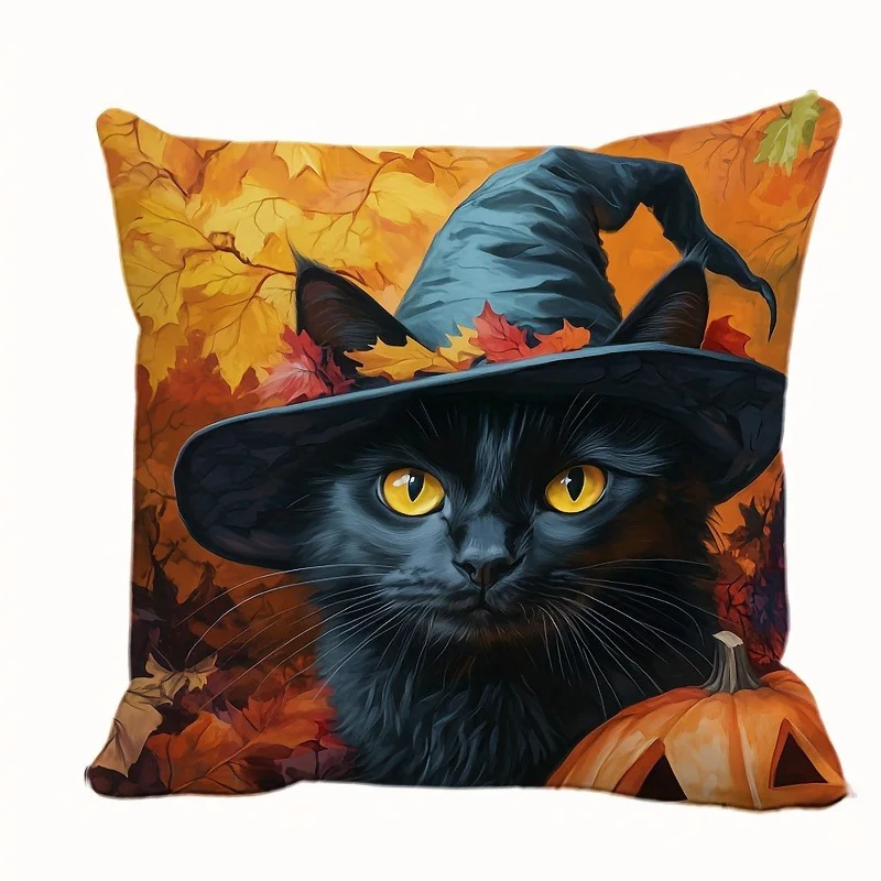 Halloween Witch Hat-Printed Cat and Owl Pillowcases: Spooky Autumn Decor! Sofa Cushion Cover Holiday Party Decoration Gift