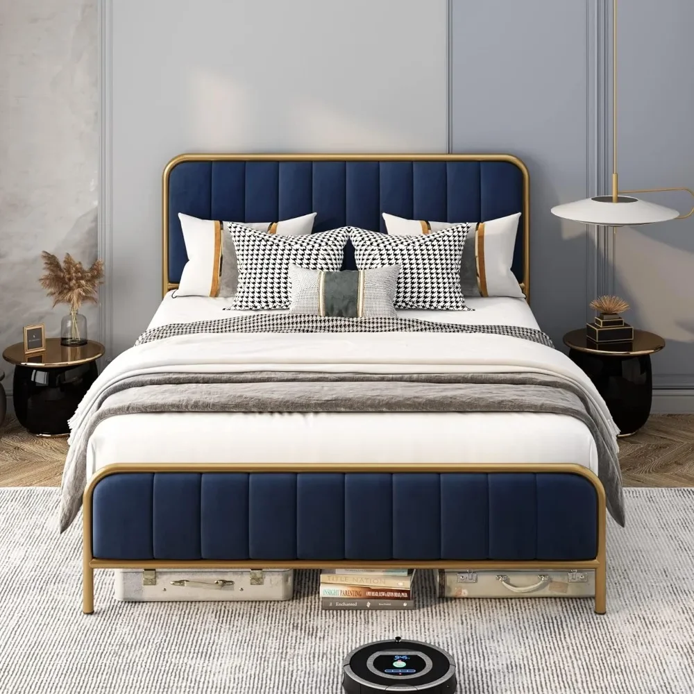 

Full Size Bed Frame, Heavy-duty Metal Mattress Base with Wooden Slats, Upholstered Bed Frame with Button Tufted Headboard