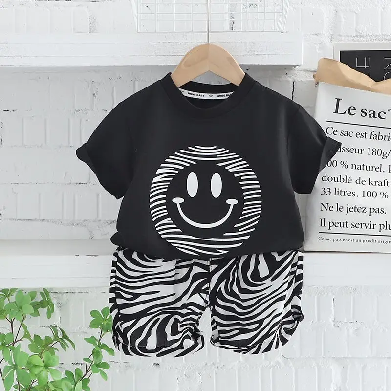 2023 Children Clothing Summer Short Sleeve New Smiling Face Printed Casual Korean Version Trend Thin Striped Shorts Two Pieces