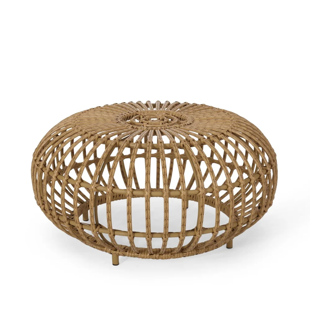 Outdoor Handcrafted Wicker Coffee Table Round Faux Rattan Boho Design Sturdy Metal Frame No Assembly Required Perfect Patio