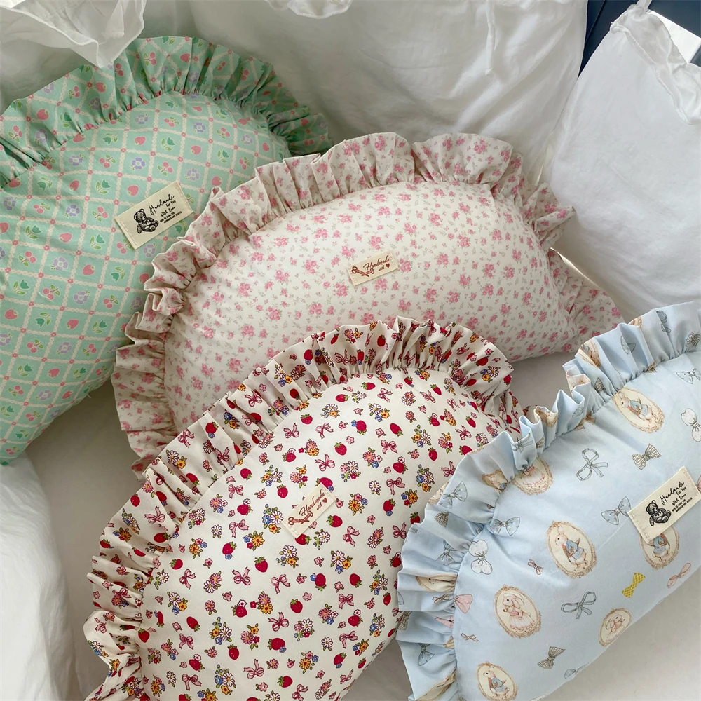 Pure Cotton Cartoon Pillow Shaped Dumplings Cute Floral Strawberry Rabbit Printed Princess Style Lace Pillow Home Decoration Bed