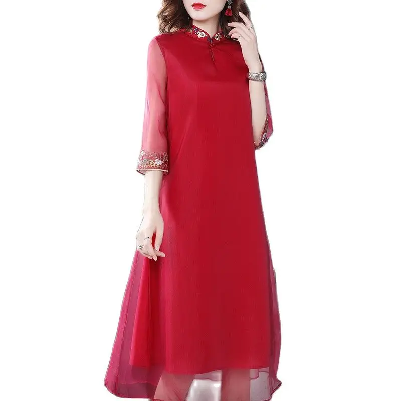 Chinese style 2023 summer new women's embroidered collar collar buckle seven-point sleeve long dress